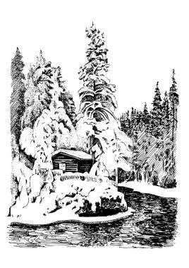 Kış manzarası. Kırsal manzara manzarası. Çizim vektör çizimine çevrildi.