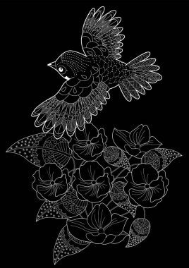 Sanat terapisi boyama sayfası. Çocuklar ve yetişkinler için boyama kitabı antistresi. Kuşlar ve çiçekler klasik tarzda çizilmiş. Doğaya daha bağlı hissetmek isteyenler için ideal..
