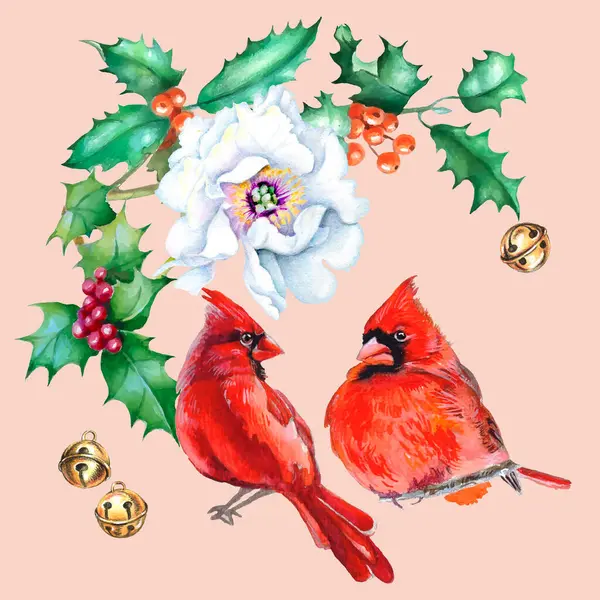 Mutlu Noeller vekil tebrik kartları ve davetiyeler. Yeni yıl çelengiyle hazır olun, kuşlar. Suluboya stilinde Noel için vektör ögeleri.