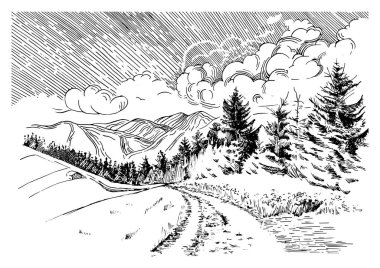 Kırsal manzara manzarası kırsal çayırların manzarası. Küçük tepelerdeki yeşil çim tarlası. Vektör çizimi çizimi