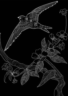 Sanat terapisi boyama sayfası. Çocuklar ve yetişkinler için boyama kitabı antistresi. Kuşlar ve çiçek açan erik ağacı. Doğaya daha bağlı hissetmek isteyenler için ideal..