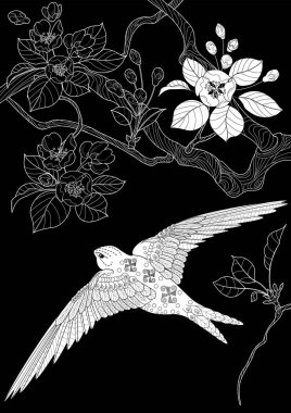 Sanat terapisi boyama sayfası. Çocuklar ve yetişkinler için boyama kitabı antistresi. Kuşlar ve çiçek açan erik ağacı. Doğaya daha bağlı hissetmek isteyenler için ideal..