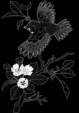 Sanat terapisi boyama sayfası. Çocuklar ve yetişkinler için boyama kitabı antistresi. Kuşlar ve çiçek açan erik ağacı. Doğaya daha bağlı hissetmek isteyenler için ideal..