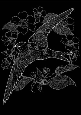 Sanat terapisi boyama sayfası. Çocuklar ve yetişkinler için boyama kitabı antistresi. Kuşlar ve çiçek açan erik ağacı. Doğaya daha bağlı hissetmek isteyenler için ideal..