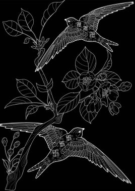 Sanat terapisi boyama sayfası. Çocuklar ve yetişkinler için boyama kitabı antistresi. Kuşlar ve çiçek açan erik ağacı. Doğaya daha bağlı hissetmek isteyenler için ideal..