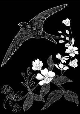 Sanat terapisi boyama sayfası. Çocuklar ve yetişkinler için boyama kitabı antistresi. Kuşlar ve çiçek açan erik ağacı. Doğaya daha bağlı hissetmek isteyenler için ideal..