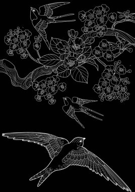 Sanat terapisi boyama sayfası. Çocuklar ve yetişkinler için boyama kitabı antistresi. Kuşlar ve çiçek açan erik ağacı. Doğaya daha bağlı hissetmek isteyenler için ideal..