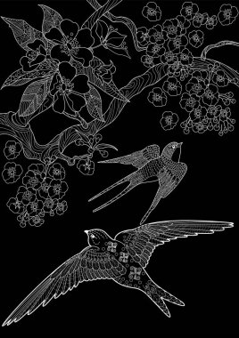 Sanat terapisi boyama sayfası. Çocuklar ve yetişkinler için boyama kitabı antistresi. Kuşlar ve çiçek açan erik ağacı. Doğaya daha bağlı hissetmek isteyenler için ideal..