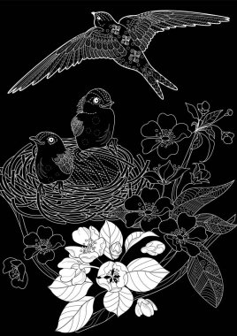 Sanat terapisi boyama sayfası. Çocuklar ve yetişkinler için boyama kitabı antistresi. Kuşlar ve çiçek açan erik ağacı. Doğaya daha bağlı hissetmek isteyenler için ideal..