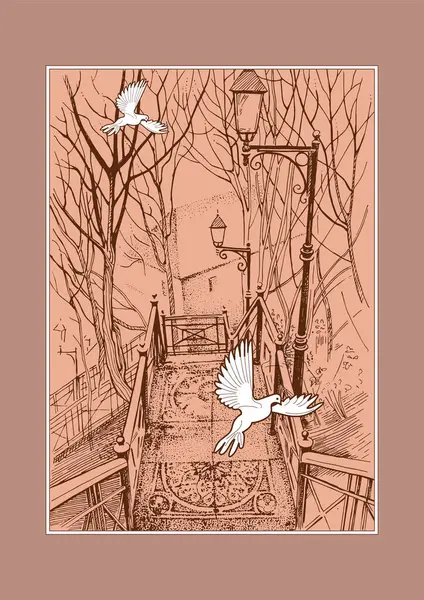 Ukrayna, Kyiv şehri. Nadir bulunan merdivenler ve güvercinler. Resim, el yapımı kalem ve mürekkeple yapılmış. Çizim vektör çizimine çevrildi