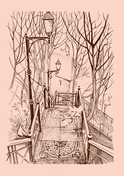 Ukrayna, Kyiv şehri. Nadir bulunan merdivenler ve güvercinler. Resim, el yapımı kalem ve mürekkeple yapılmış. Çizim vektör çizimine çevrildi.