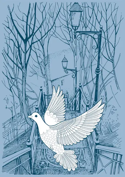 Ukrayna, Kyiv şehri. Nadir bulunan merdivenler ve güvercinler. Resim, el yapımı kalem ve mürekkeple yapılmış. Çizim vektör çizimine çevrildi.