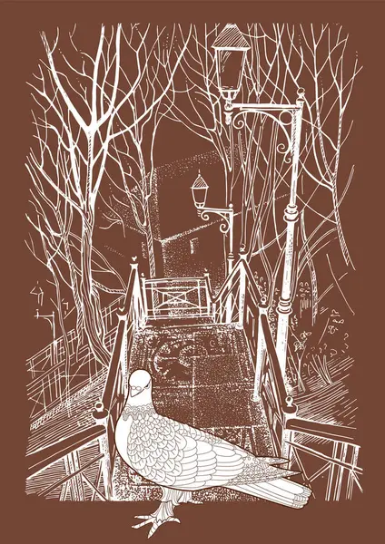 Ukrayna, Kyiv şehri. Nadir bulunan merdivenler ve güvercinler. Resim, el yapımı kalem ve mürekkeple yapılmış. Çizim vektör çizimine çevrildi.