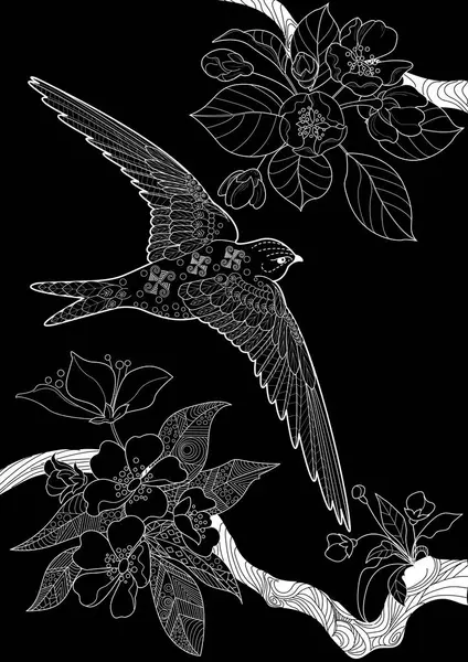 Sanat terapisi boyama sayfası. Çocuklar ve yetişkinler için boyama kitabı antistresi. Kuşlar ve çiçek açan erik ağacı. Doğaya daha bağlı hissetmek isteyenler için ideal..