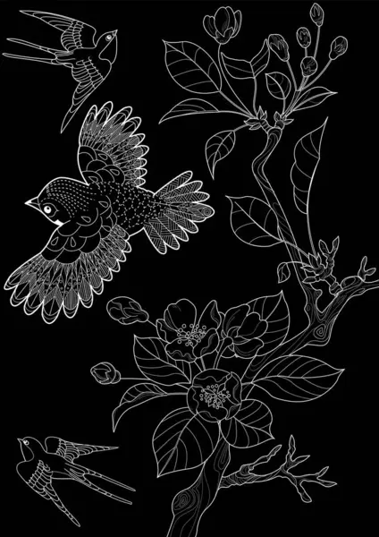 Sanat terapisi boyama sayfası. Çocuklar ve yetişkinler için boyama kitabı antistresi. Kuşlar ve çiçek açan erik ağacı. Doğaya daha bağlı hissetmek isteyenler için ideal..