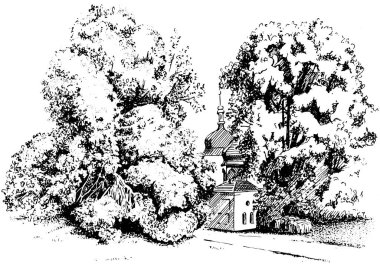 Kırsal alan, ağaç ve dere. El çizimi vektöre çevrildi.