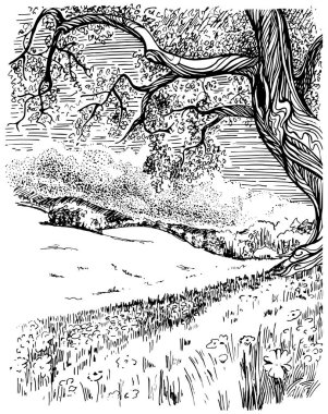 Kırsal alan, ağaç ve dere. El çizimi vektöre çevrildi.