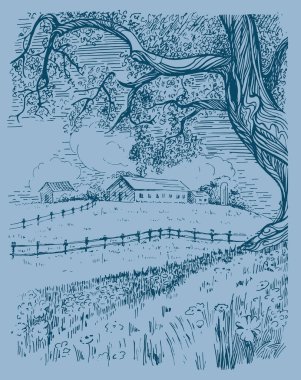 Kırsal alan, ağaç ve dere. El çizimi vektöre çevrildi.