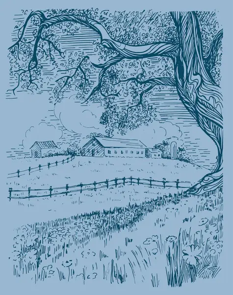 Kırsal alan, ağaç ve dere. El çizimi vektöre çevrildi.