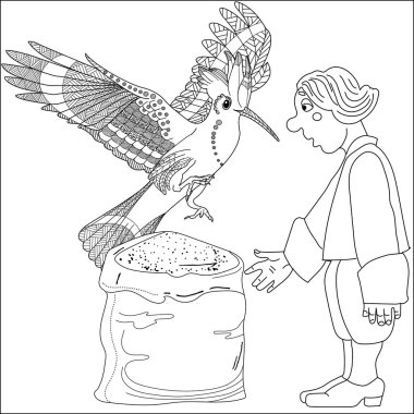 Sanat terapisi boyama sayfası. Kuşların elleri çiçeklerle klasik tarzda çizilmiş. Hoopoe ve çiçekler. Doğrusal oyma sanatı. Karalama ve zenkarga elementli anti-stres el yazması çizimi.