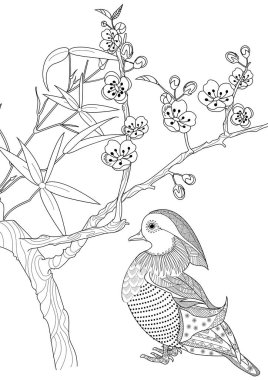 Sanat terapisi boyama sayfası. Çocuklar ve yetişkinler için boyama kitabı antistresi. Kuşlar ve çiçek açan erik ağacı. Doğaya daha bağlı hissetmek isteyenler için ideal..