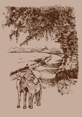 Kırsal alan, ağaç ve çiftlik. Elle çizilmiş eski bir çizim..