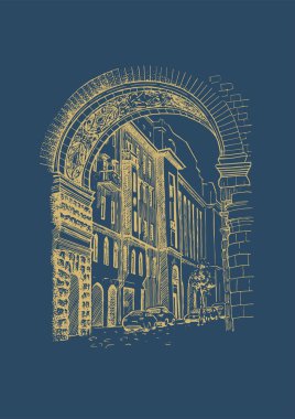 Kalem taslağı. Kyiv, Passage 'ın mimarisi 19131914 yılında inşa edildi. Kalem çizimi vektör formuna çevrildi.