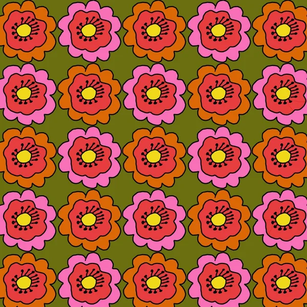 1970 Preppy Oranžová Růžová Hippie Květinový Vzor Zeleným Pozadím — Stock fotografie