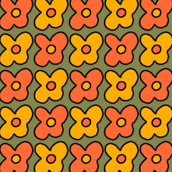 Preppy Oranžová Žlutá 1970 Hippie Květinový Vzor Zeleným Pozadím — Stock fotografie