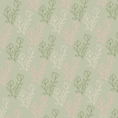 Yeşil Pembe Vintage Çizgi Yaprak Deseni 