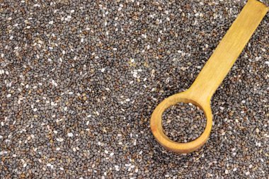 overhead view of chia seeds with a rustic wooden spoon