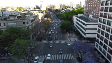 Buenos Aires 'teki Figueroa Alcorta Bulvarı' nda, Buenos Aires, Arjantin 'de, Buenos Aires Latin Amerika Sanat Müzesi' nin önünde hareket halindeki otobüs ve arabalarla düşük irtifada uçan bir insansız hava aracından alınan video görüntüsü.).