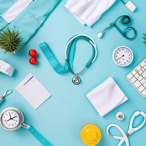 Flat lay of doctor workspace with stethoscope, stethoscope, clipboard and other tools on blue background