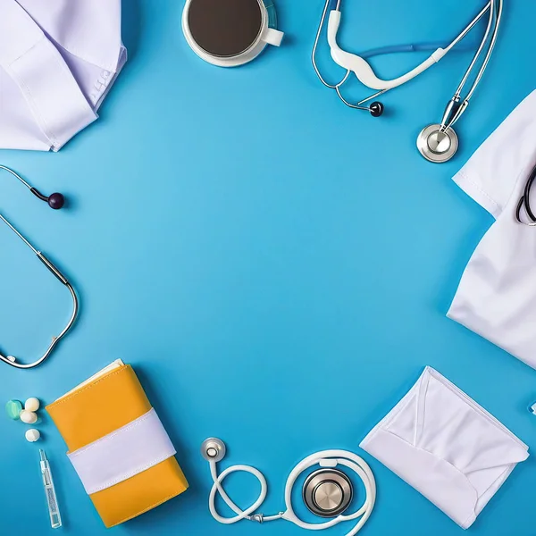 Flat lay of doctor workspace with stethoscope, stethoscope, clipboard and other tools on blue background