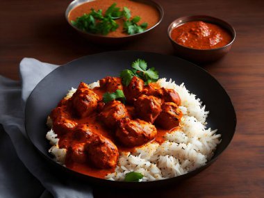 Bir tabak pilav ve köfteli tavuk tikka masala roti.