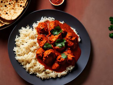 Bir tabak pilav ve köfteli tavuk tikka masala roti.