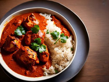 Bir tabak pilav ve köfteli tavuk tikka masala roti.