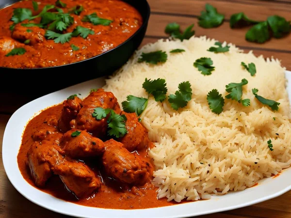 stock image plate of food with rice and meatballs chicken tikka masala roti