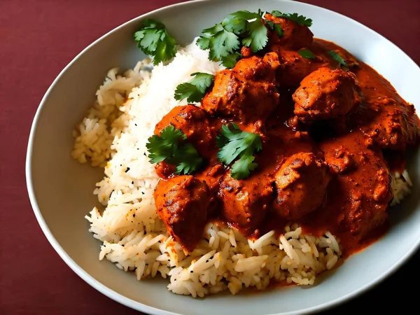 stock image plate of food with rice and meatballs chicken tikka masala roti