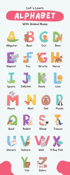 Kolorowe Cute Ilustracji Alfabetu Nazwą Zwierzęcia Infographic — Zdjęcie stockowe