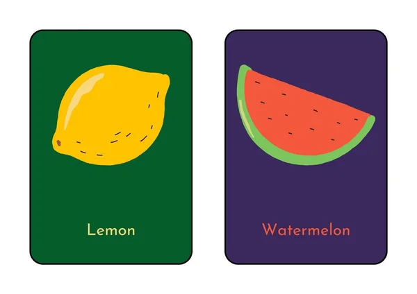Illustrativo Variopinto Inglese Frutta Flashcard — Foto Stock