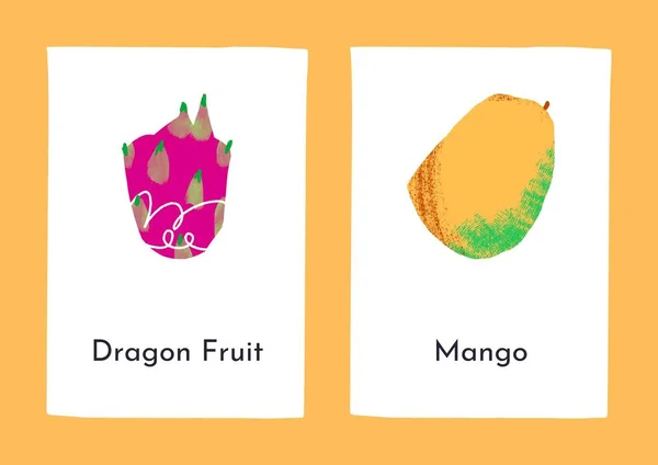 Färgglada Illustrativa Engelska Tropiska Frukter Flashcard — Stockfoto