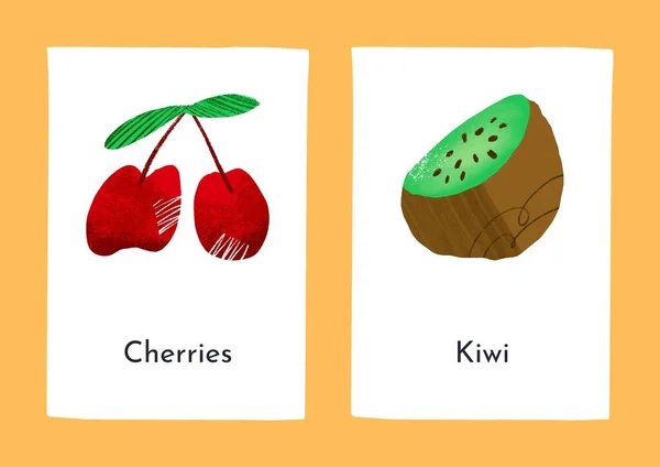 Színes Illusztratív Angol Trópusi Gyümölcsök Flashcard — Stock Fotó