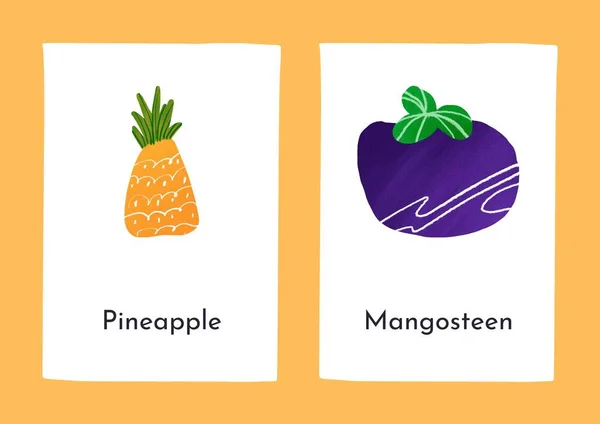 Színes Illusztratív Angol Trópusi Gyümölcsök Flashcard — Stock Fotó