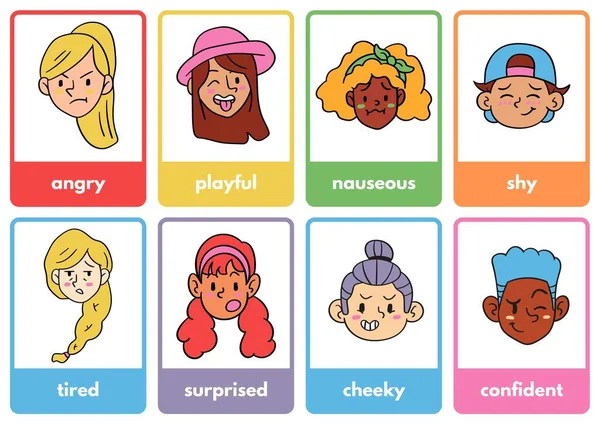 Emoções Lined Illustration Flashcard Sheets — Fotografia de Stock