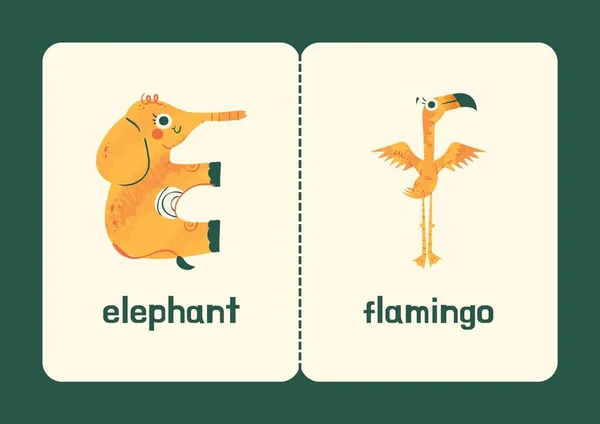グリーンブラウンオレンジ遊び心のある英語のアルファベット動物教育用フラッシュカード — ストック写真