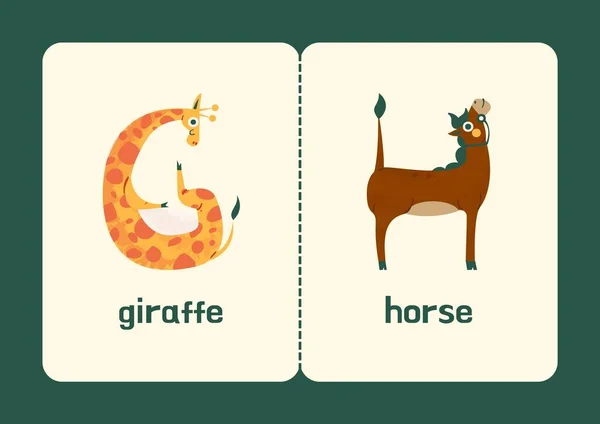 Green Brown Orange Playful Russian Alphabet Animals Educational Flashcard — стоковое фото