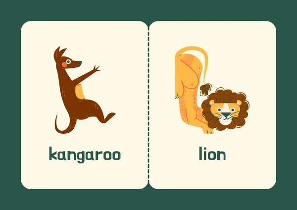 グリーンブラウンオレンジ遊び心のある英語のアルファベット動物教育用フラッシュカード — ストック写真