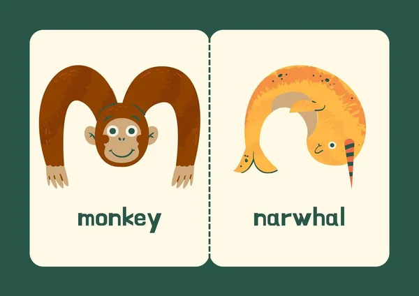 绿棕色橙色活泼的英语字母动物教育卡片 — 图库照片