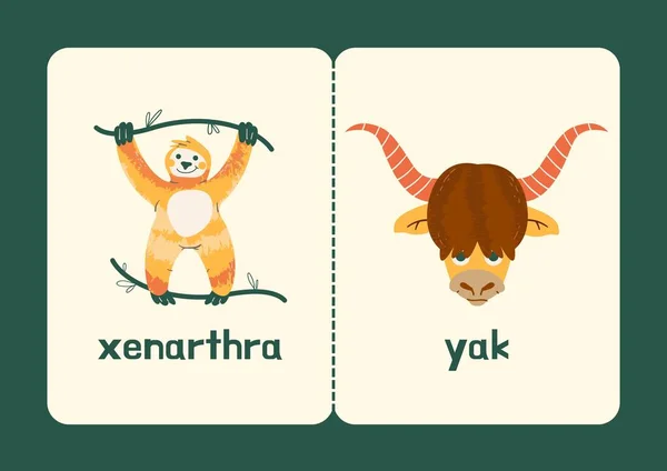 Green Brown Orange Playful English Alphabet Animals Educational Flashcard — стокове фото